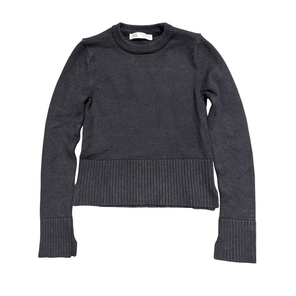 Zara Womens Cropped Crewneck Ribbed Hem Sweater Charcoal Black 3519/123 XS